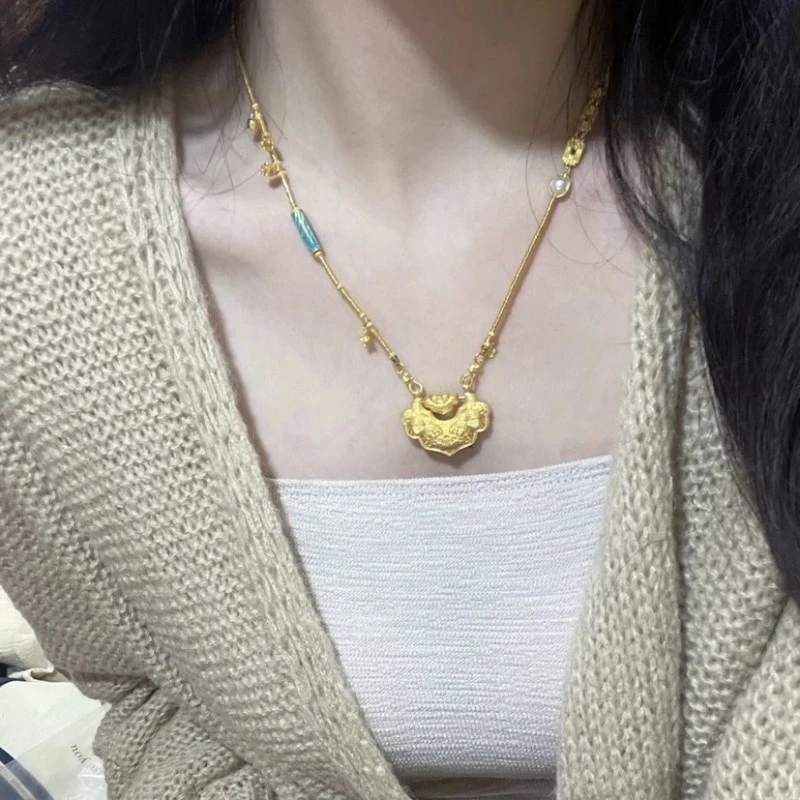 铜合金项链 新中式国潮风古法锦鲤如意锁包平安锁 手工精工版项链