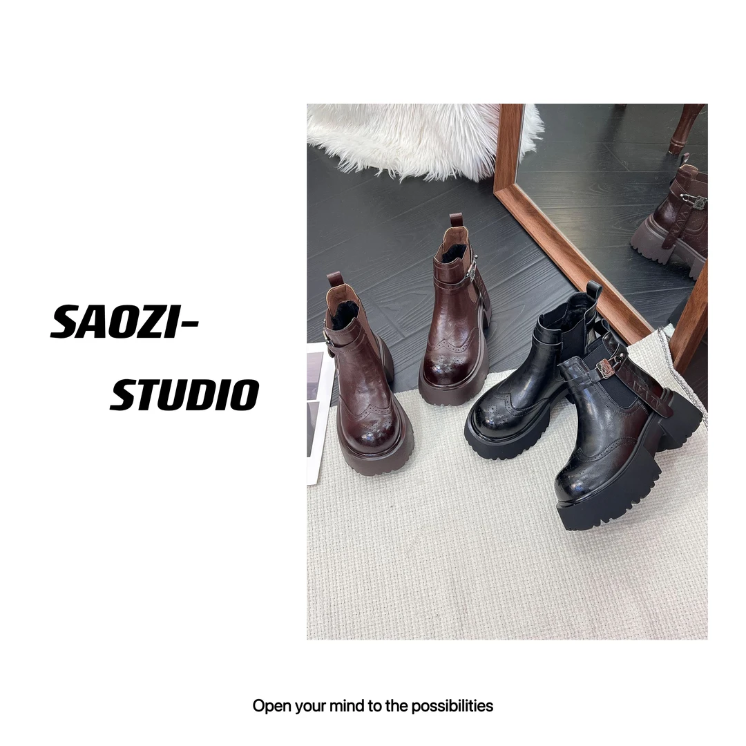 9015-新款厚底增高加绒马丁靴女英伦风雕花切尔西短靴-RMR