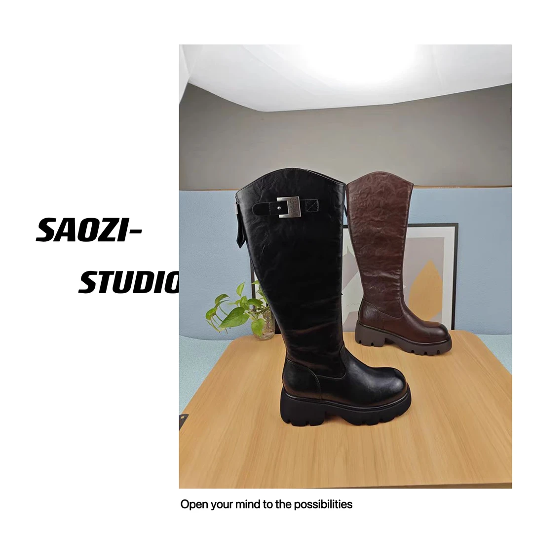 7180-2024冬季新款显瘦方跟后拉链高长筒靴加绒不过膝女棉靴-AL