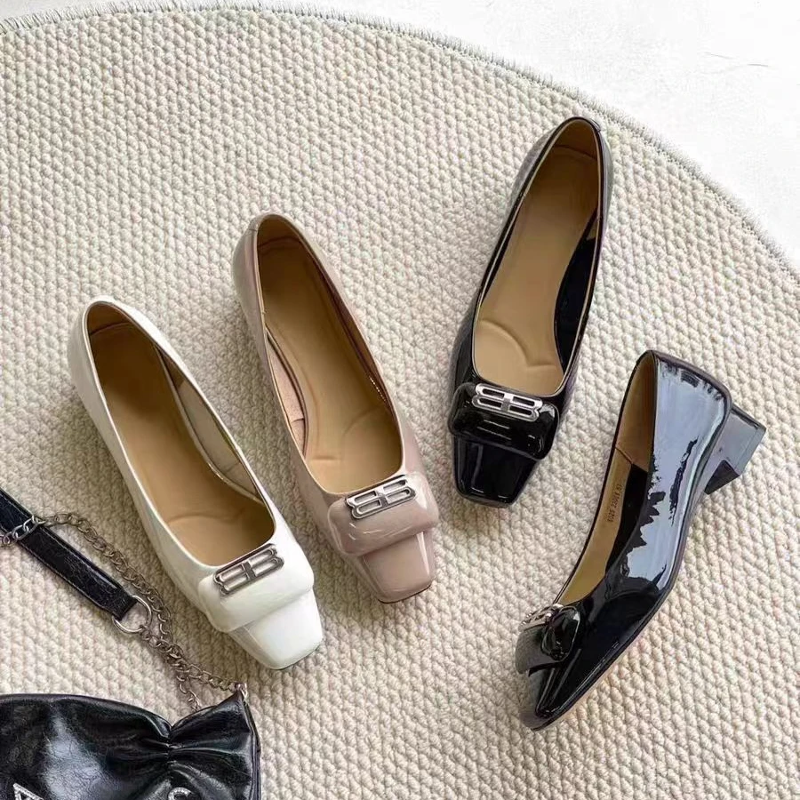 6025-欧洲站女鞋春季新款方头浅口粗跟单鞋时尚跟鞋