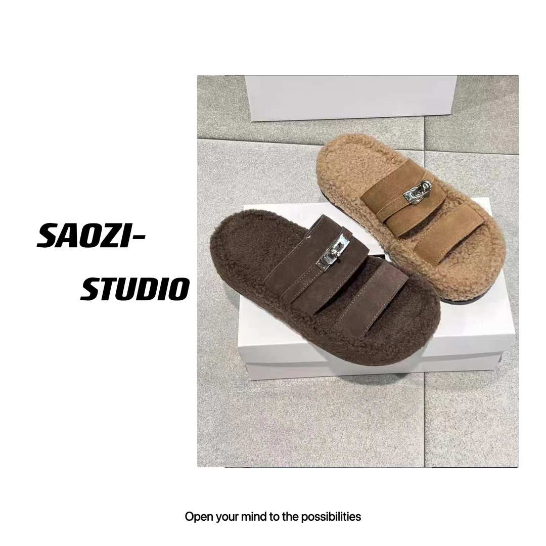 8898-新款百搭一字拖鞋2024新款秋冬外穿毛绒棉拖鞋毛毛鞋