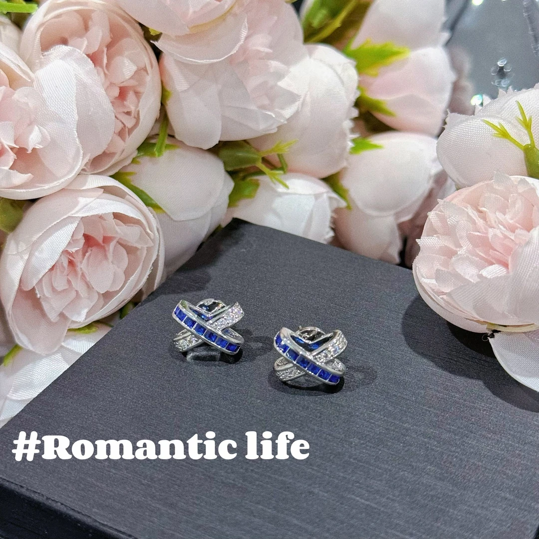 铜合金珐琅耳饰 DIFANDO轻奢时尚蓝色交叉满镶耳钉E094