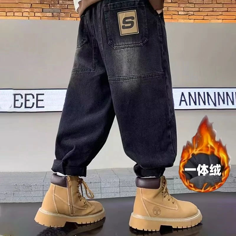 男童加绒牛仔裤秋冬新款中大童一体绒裤男孩宽松休闲加厚儿童裤子