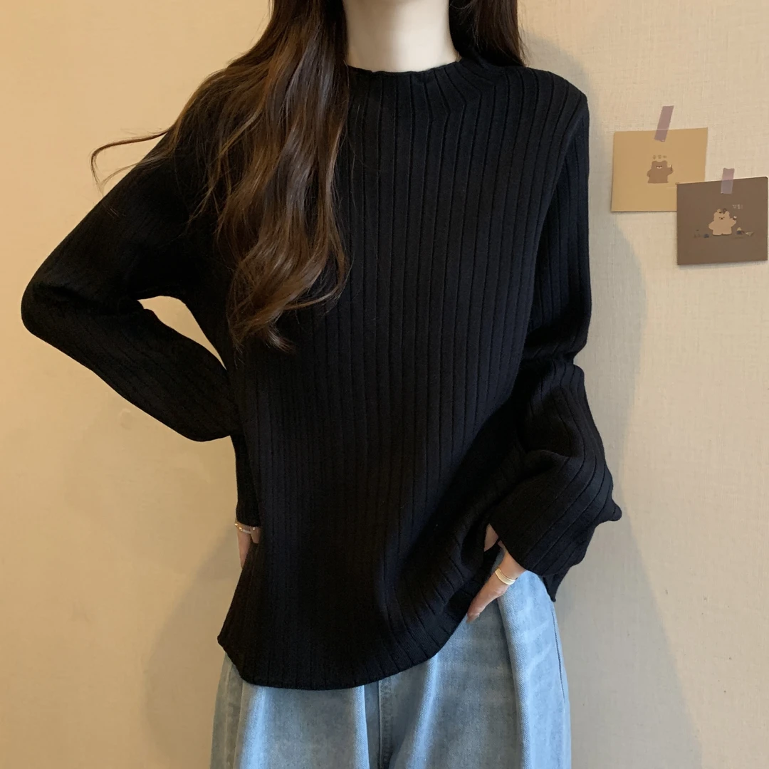 大码春秋遮肚坑条针织衫长袖打底衫胖妹妹百搭显瘦半高领内搭上衣
