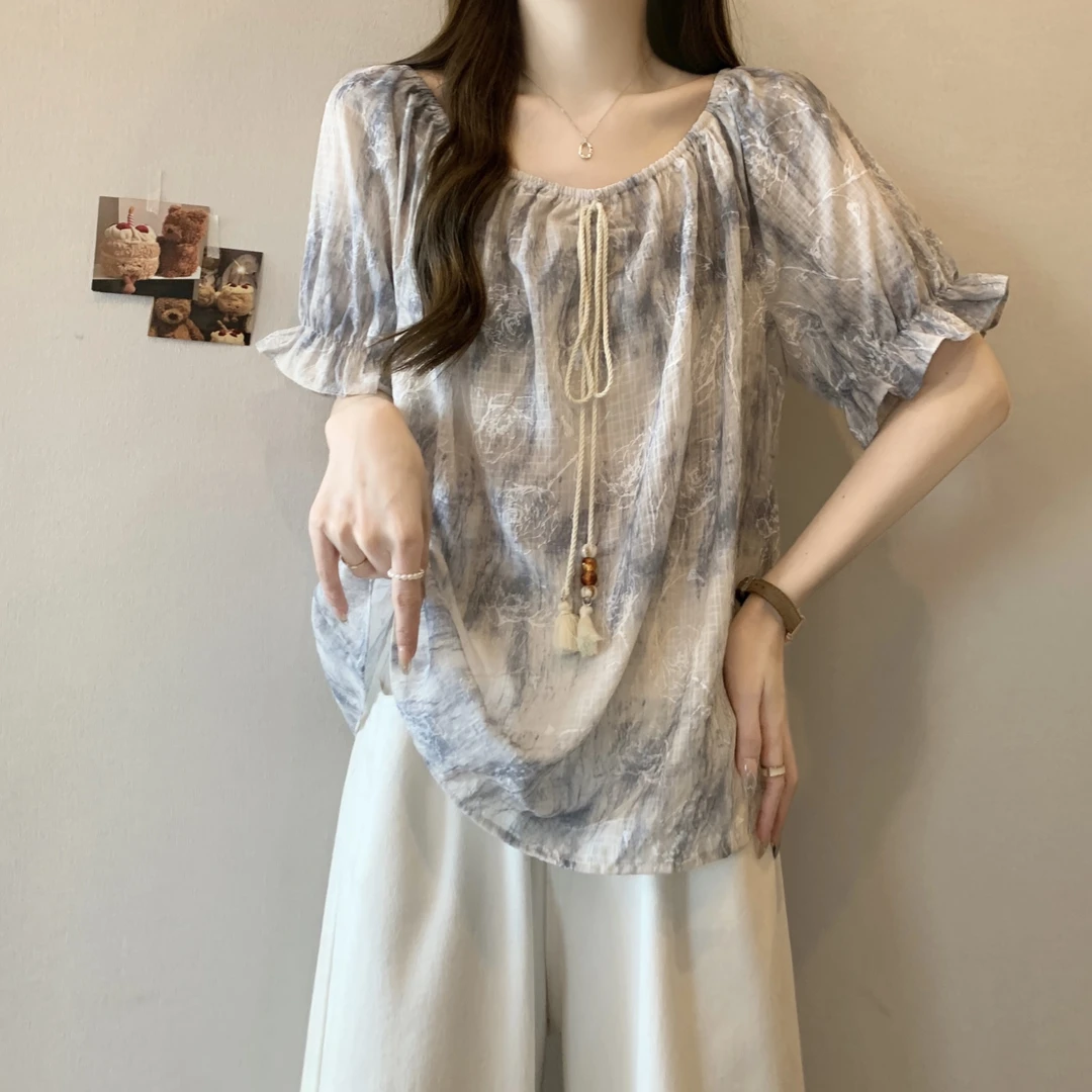 气质减龄短袖t恤女微胖大码夏季新款宽松遮肚子露锁骨泡泡袖上衣