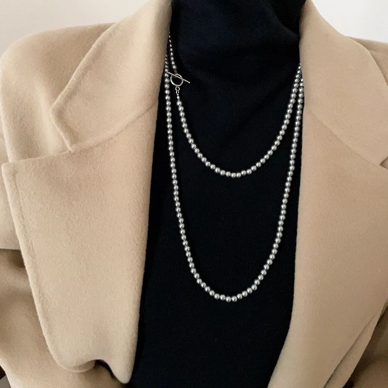 施家仿珍珠长款OT扣项链时尚百搭气质毛衣链小众简约高级感饰品