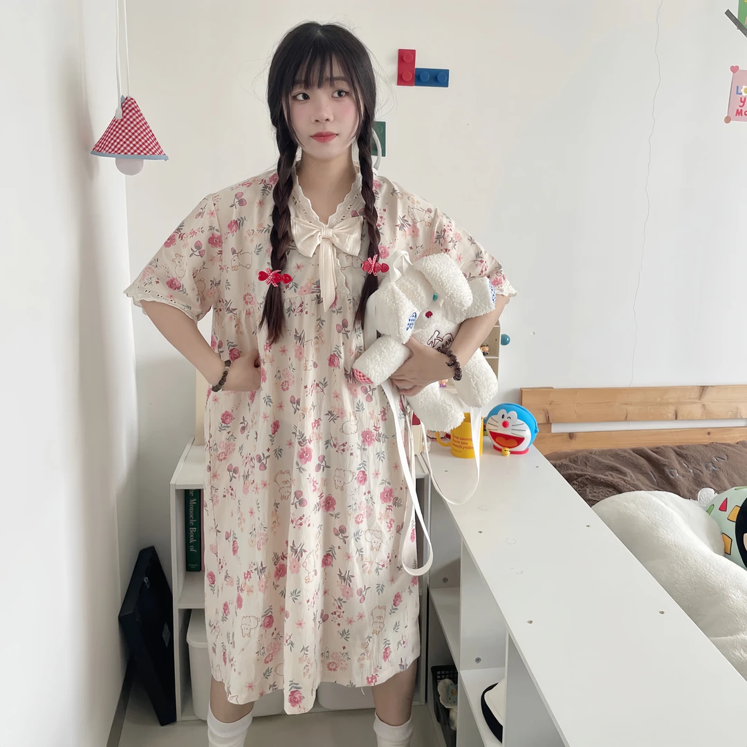 睡裙云朵棉可爱兔子加大码甜美长裙宽松夏天居家可外穿碎花夏季
