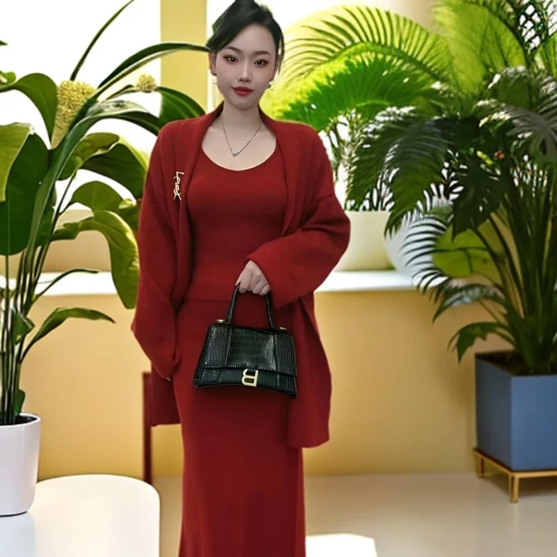 【一见钟情】2024秋季气质韩版针织开衫背心高腰半身裙三件套装