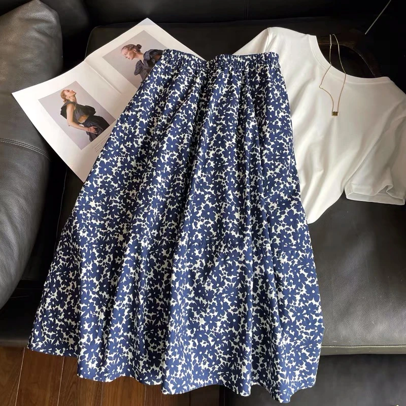 a字复古蓝色纯棉碎花裙韩版气质时尚百搭高腰显瘦中长款半身裙女