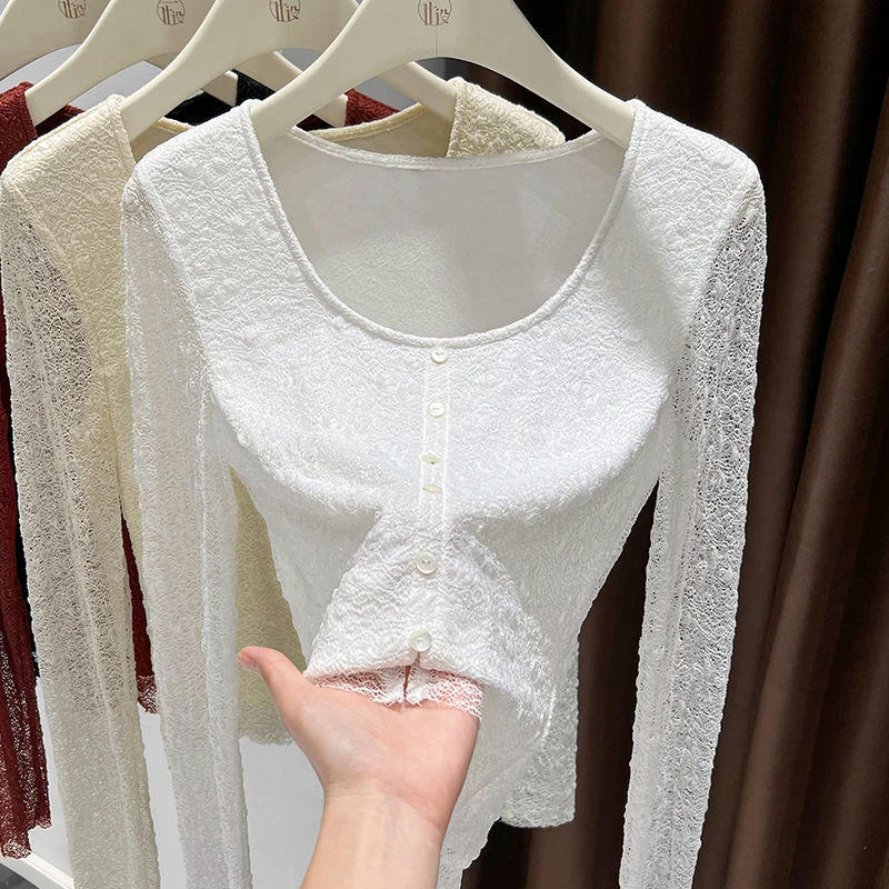 白色U领蕾丝打底衫女秋冬2024新款外穿纯欲性感加绒网纱短款上衣