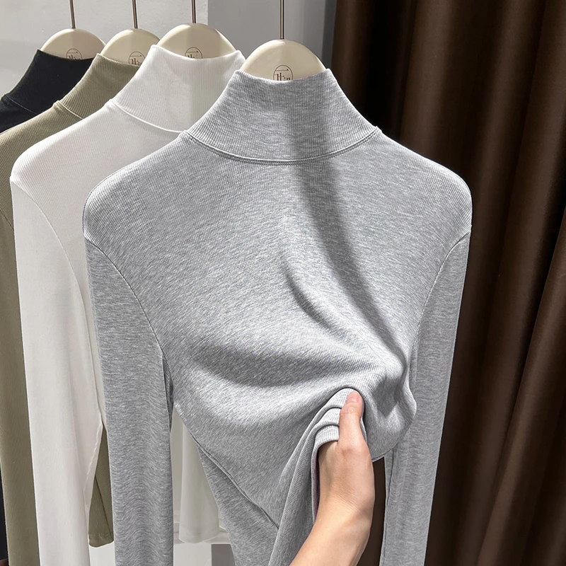 高级感灰色莫代尔长袖T恤气质高领修身显瘦上衣秋季软糯打底衫潮