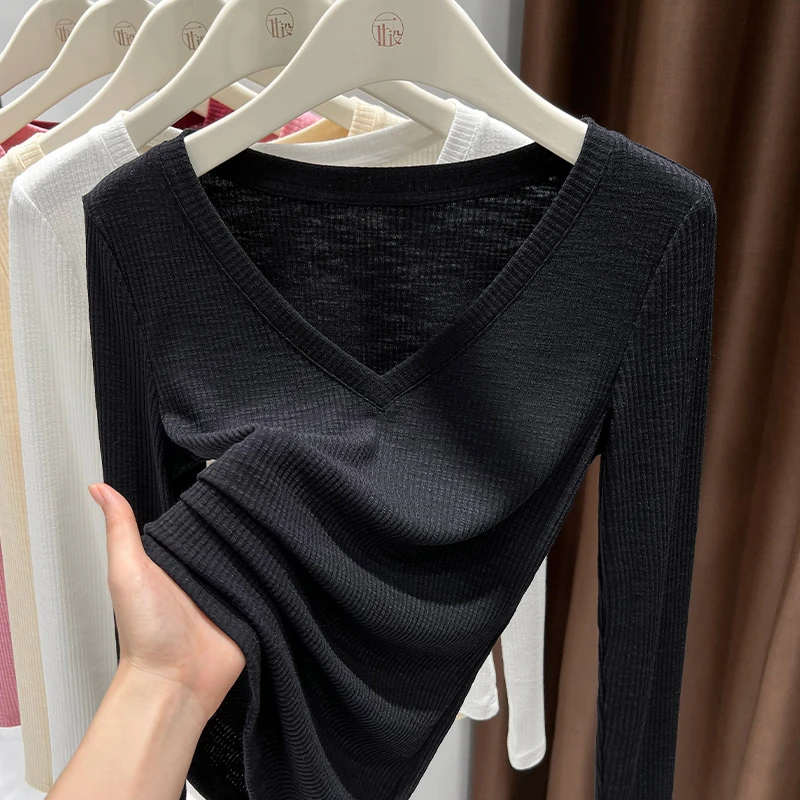 黑色V领正肩长袖T恤女秋季新款性感低领露锁骨上衣螺纹针织打底衫