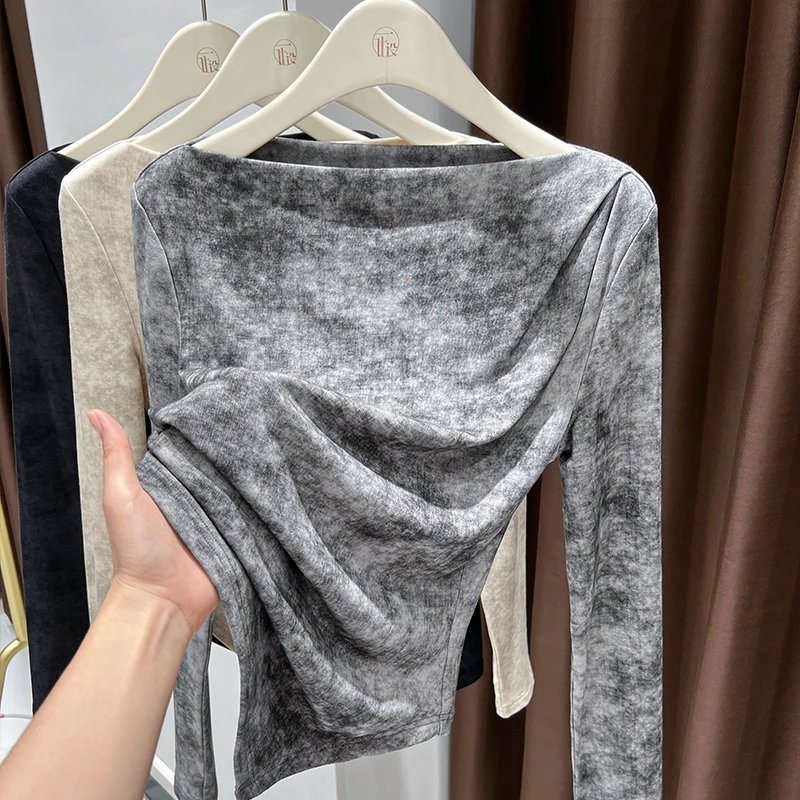 气质一字肩上衣高级感扎染水墨长袖打底内搭紧身漏锁骨别致t恤女