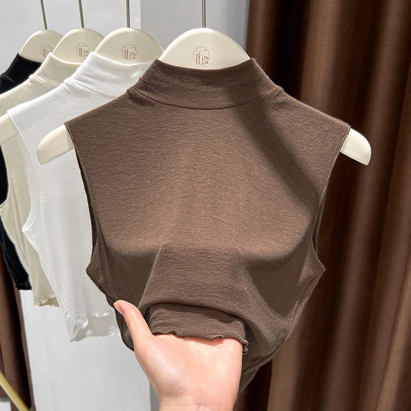 咖色假领子百搭秋冬新款半高领无袖打底衫女内搭短款背心针织上衣
