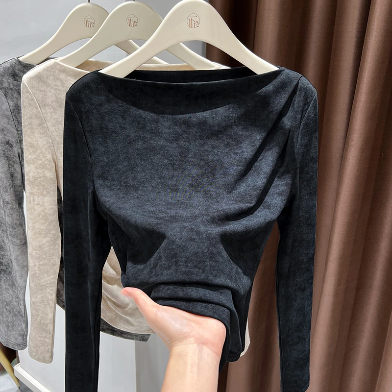 绝美气质名媛高端上衣女神范高级感一字肩t恤扎染磨毛打底衫内搭
