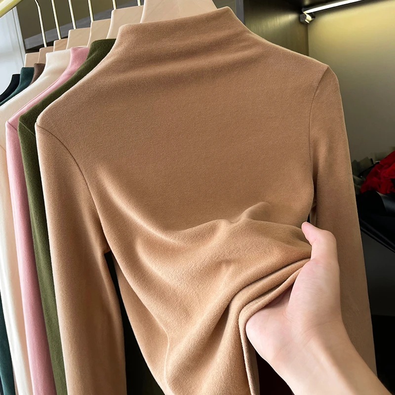 咖色立领德绒打底衫女内搭秋冬爆款加绒加厚保暖百搭T恤长袖上衣