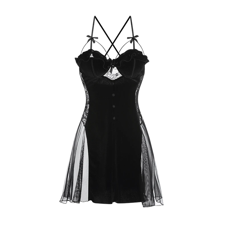 维拉小姐丝绒甜美性感睡衣女冬纯欲风加胸垫吊带睡裙家居服套装