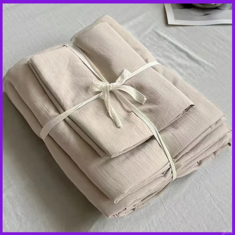 高克重棉麻水洗棉床品四件套可机洗可裸睡纯色被套单人床上三件套