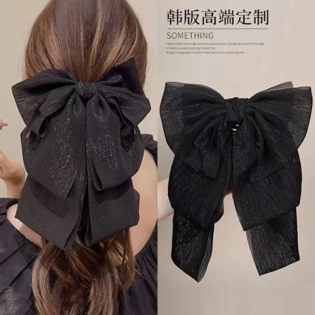 在逃公主黑色蝴蝶结飘带发饰法式优雅发夹女后脑勺高马尾抓夹发