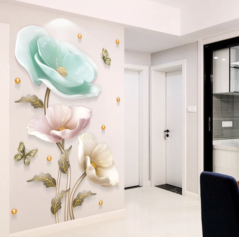 装饰贴纸3D立体荷花客厅玄关背景墙贴画壁纸卧室推拉门窗自粘墙纸