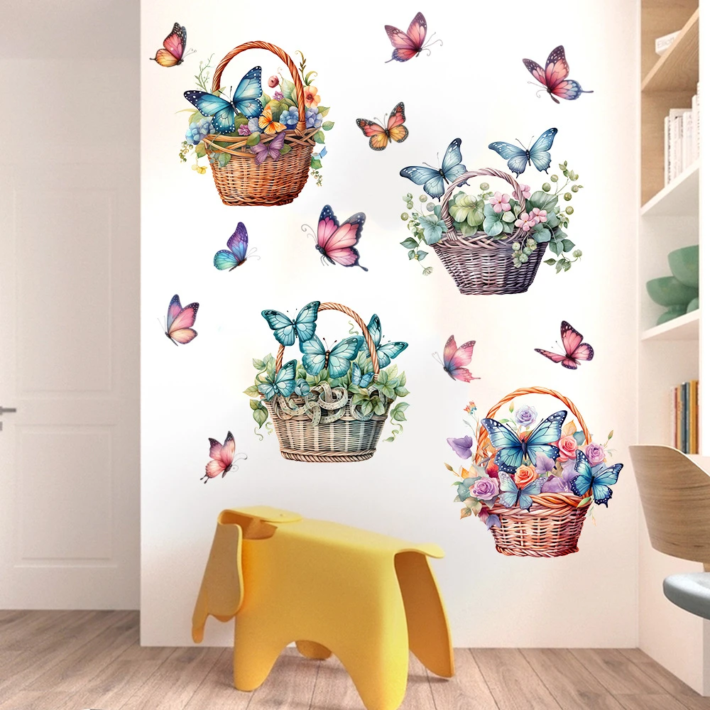 PVC防水装饰贴纸清新蝴蝶花篮可移除客厅餐厅墙贴画装饰贴画自粘