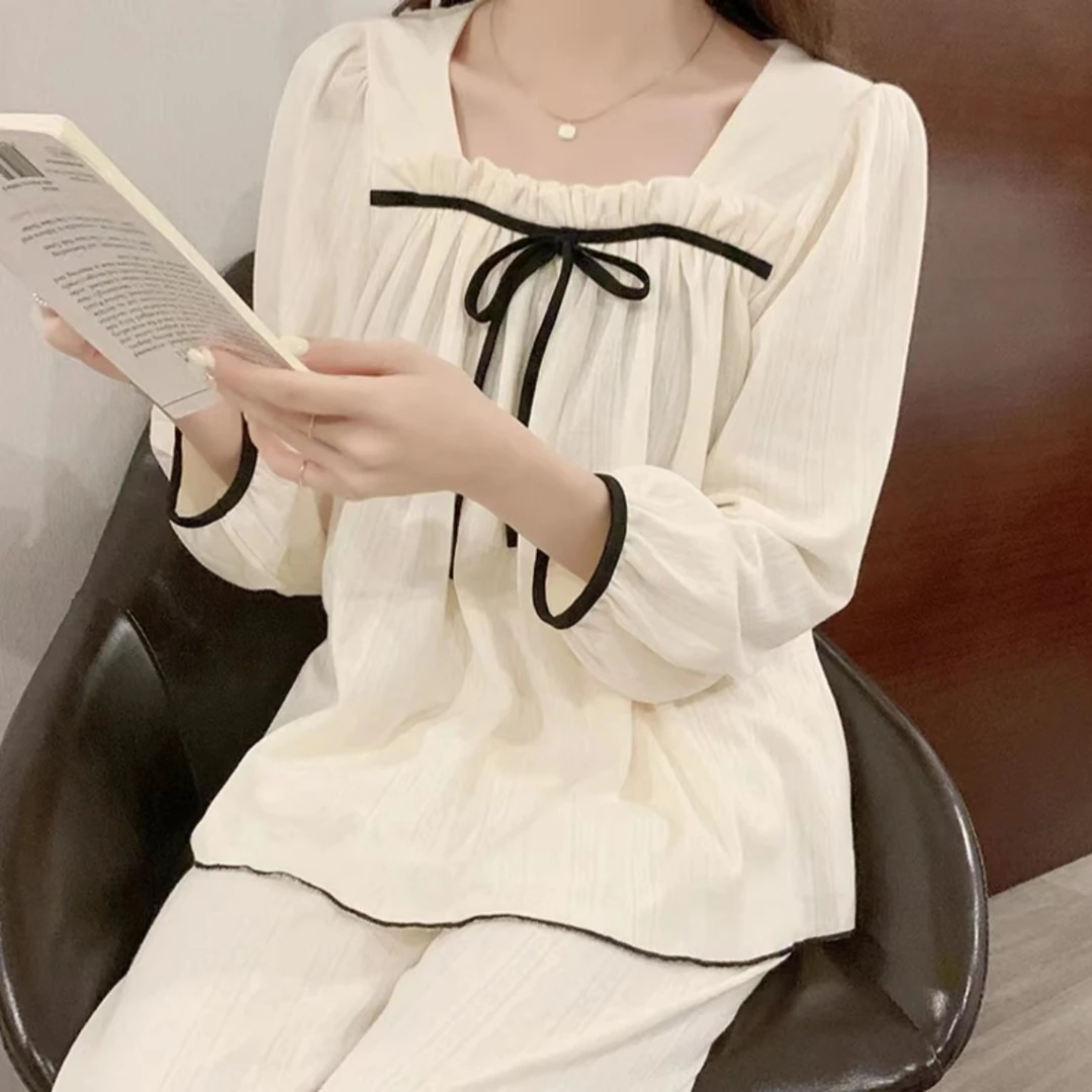 爆款2023春秋睡衣女宫廷小香风长袖长裤女士大码简约薄款可家居服