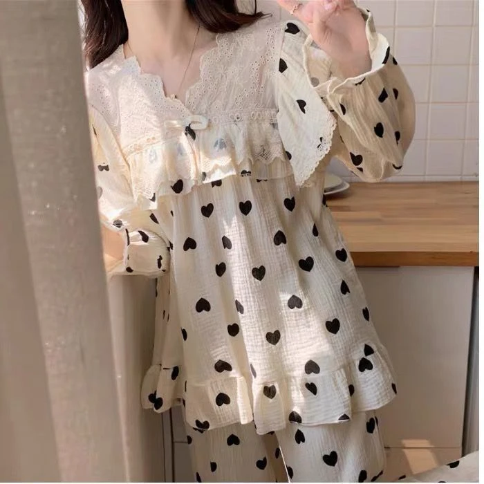 爆款甜美蕾丝花边睡衣女春秋新款2023长袖爱心荷叶边可外穿家居服