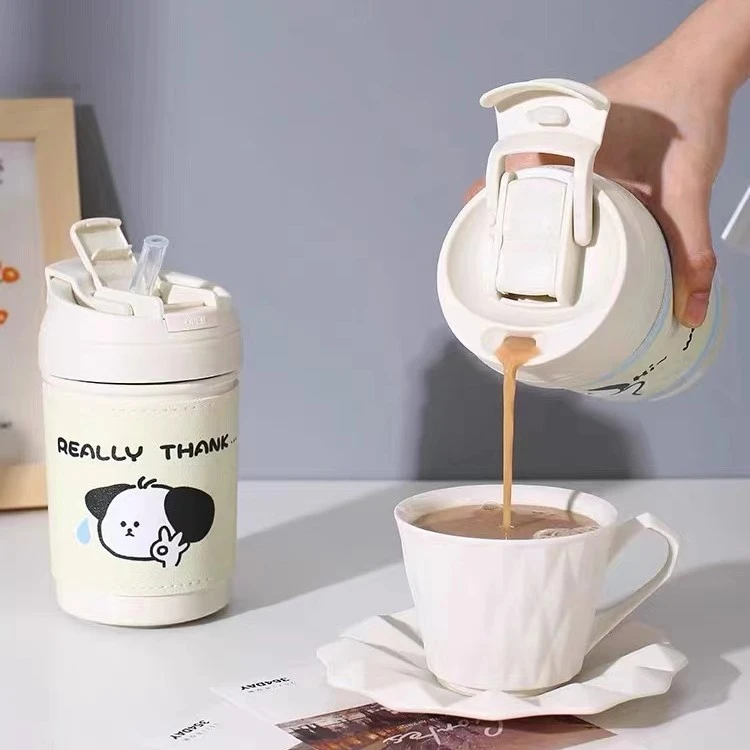 咖啡保温杯316不锈钢女生高颜值水壶杯新款吸管双饮可爱随行杯子