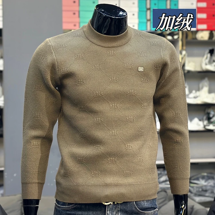 冬季加绒线衣加厚毛衣男套头休闲保暖长袖男士中半高领打底针织衫