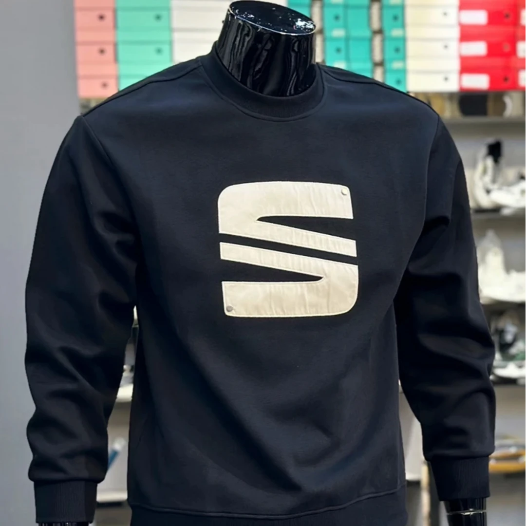 谷也 高端印花贴布潮牌圆领卫衣男士重磅字母S圆领套头长袖2024新