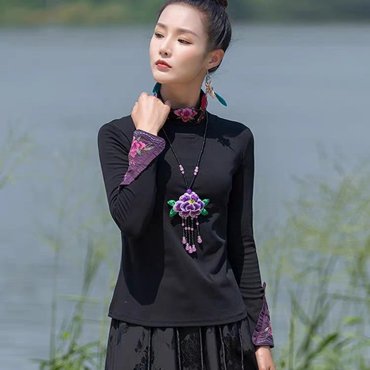 秋冬民族风女装复古绣花高领加厚纯棉内搭黑色长袖修身打底衫女士