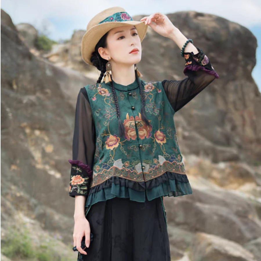 春秋民族风刺绣立领马夹女中国风复古显瘦高档无袖新中式气质马甲