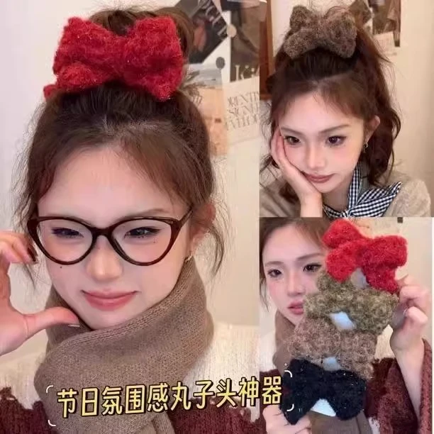 秋冬蝴蝶结丸子头毛绒双面抓夹高级感盘发夹高马尾抓夹横夹发饰