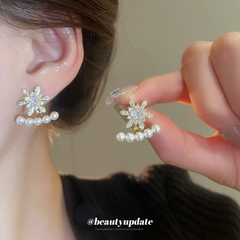 合金耳饰 锆石雪花珍珠耳钉女时尚小众百搭耳环轻奢高级感耳饰