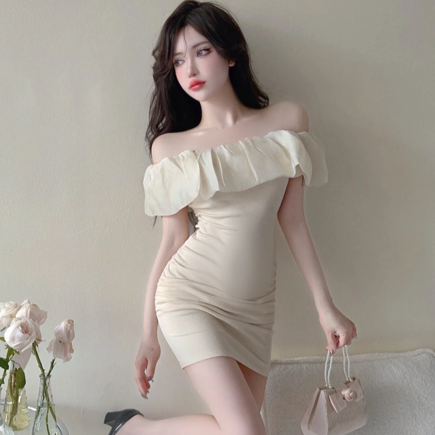 直播衣服女主播上镜纯欲风一字领露肩甜美收腰显瘦包臀短袖连衣裙