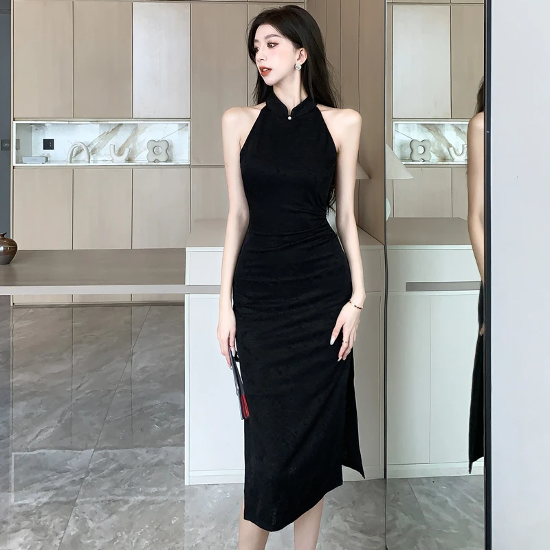 法式轻晚礼服女高级感平时可性感玫瑰提花黑色无袖少女旗袍连衣裙