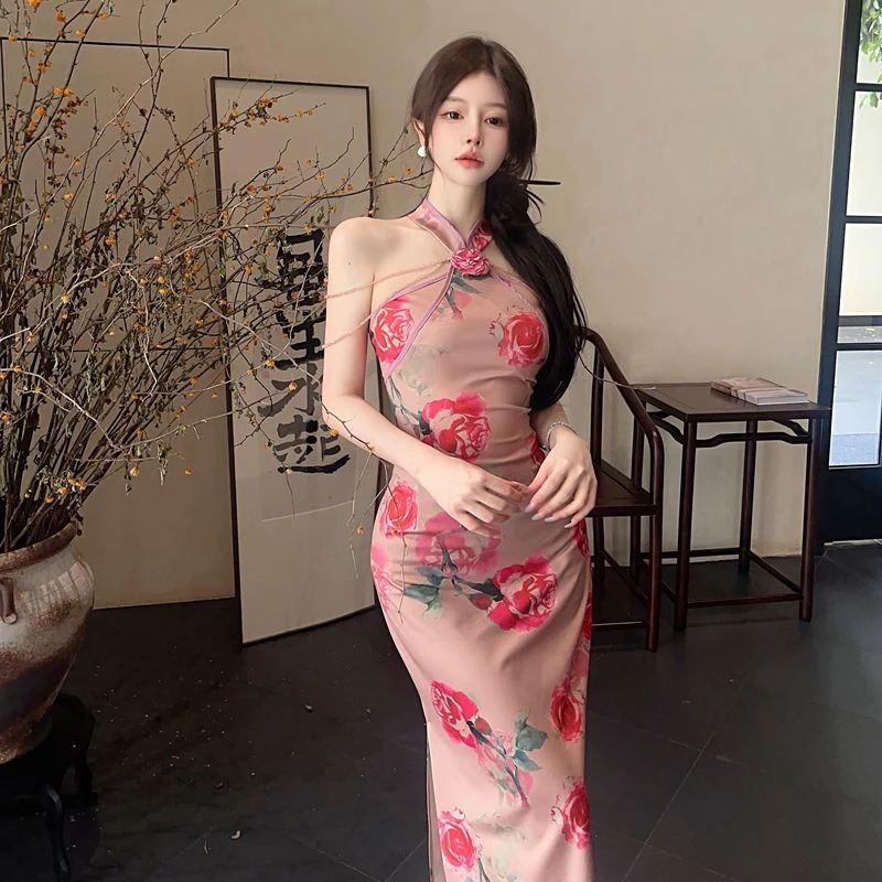 直播女主播衣服上镜高级年轻款花色露肩链条开叉改良旗袍式连衣裙