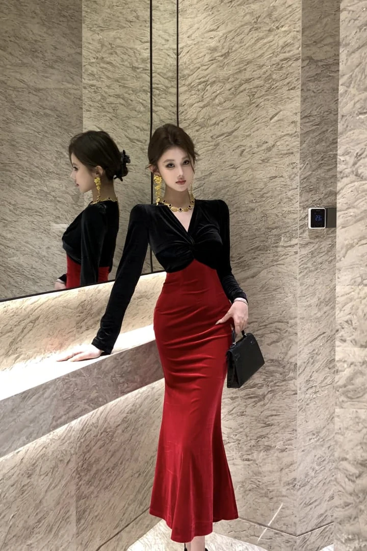 法式轻晚礼服女高级感平时可穿年会交叉丝绒拼接撞色长款连衣裙冬