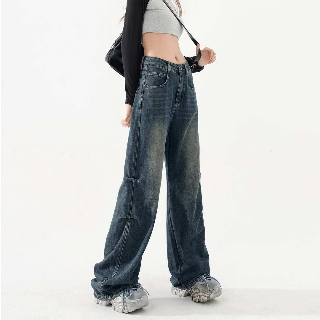 褶皱阔腿牛仔裤女春秋爆款2025新款美式设计感宽松显瘦直筒拖地裤