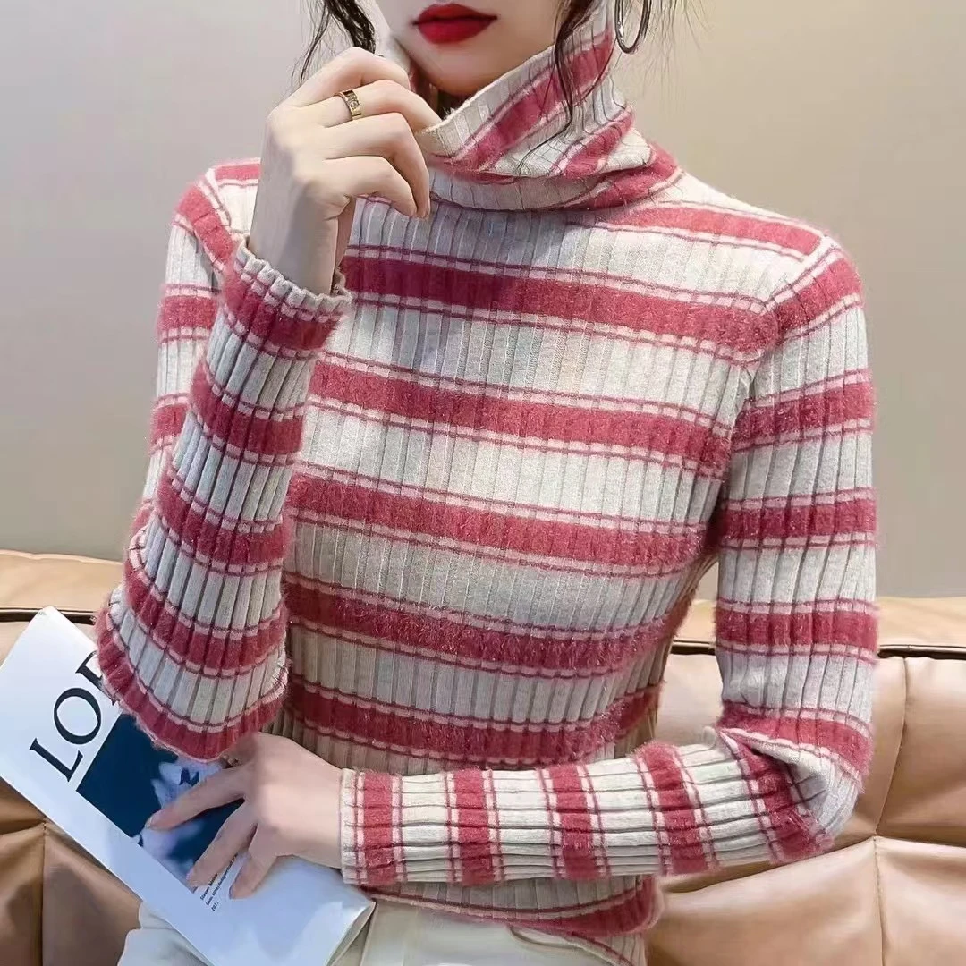 条纹高领打底衫女秋冬内搭修身百搭毛衣针织衫上衣FG844