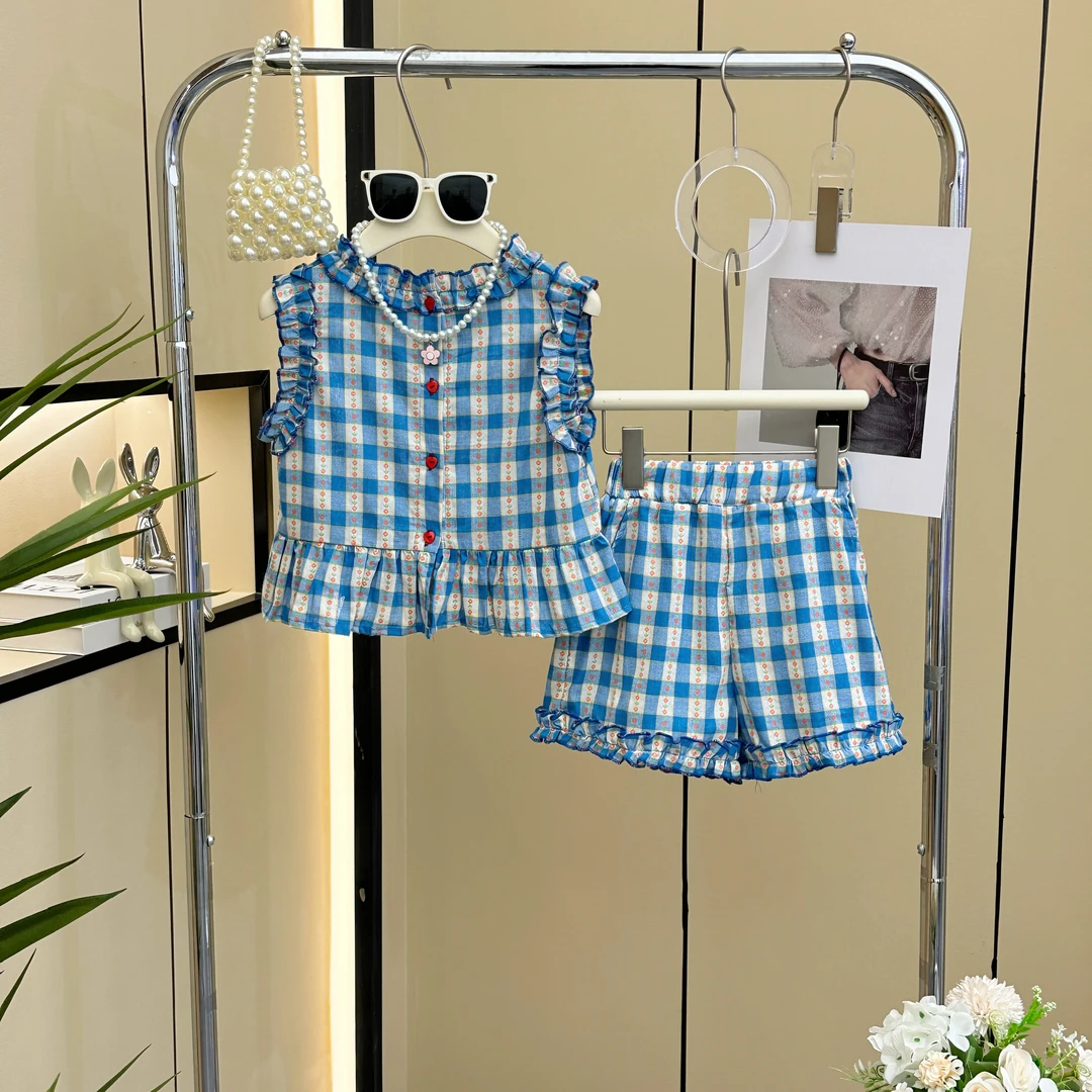 【糖宝魔豆】女童格子套装薄款2024新款时尚洋气夏装女孩背心两件套