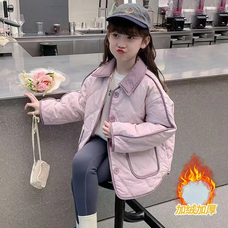 QIAERDE/洽尔德 冬季女童棉衣纯色加厚韩版中长款加绒加厚