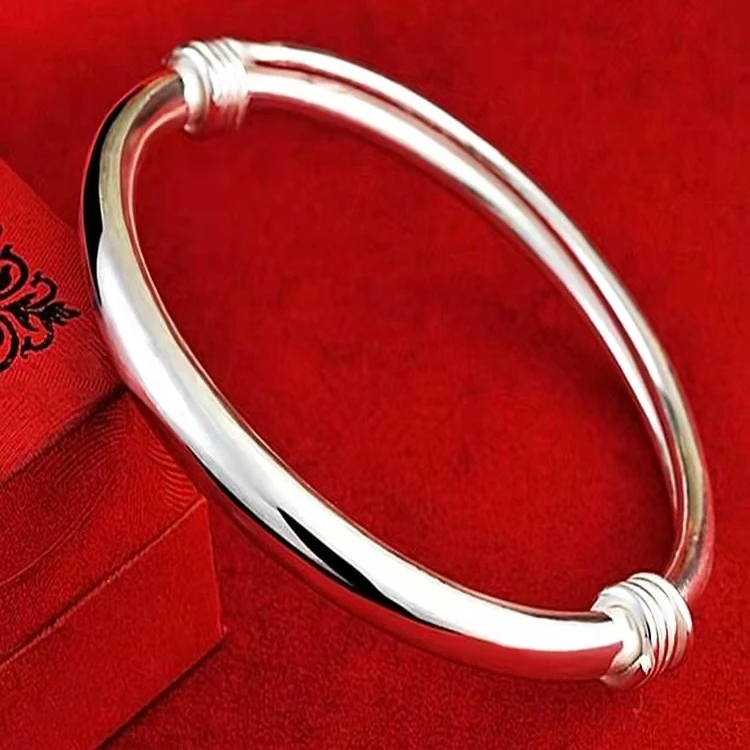 足银手镯 《苗家阿美》AM苗族银饰足银999推拉实心光面手镯女素圈