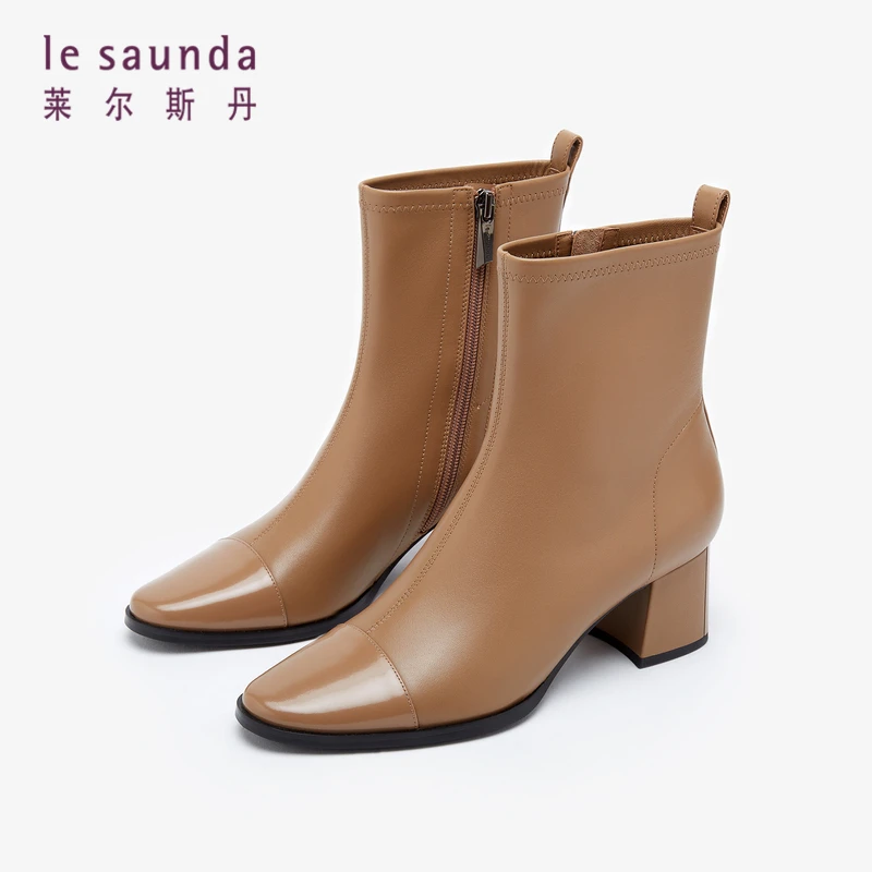 莱尔斯丹秋季新款羊皮时尚优雅拼接圆头粗跟拉链女靴女鞋3T54706