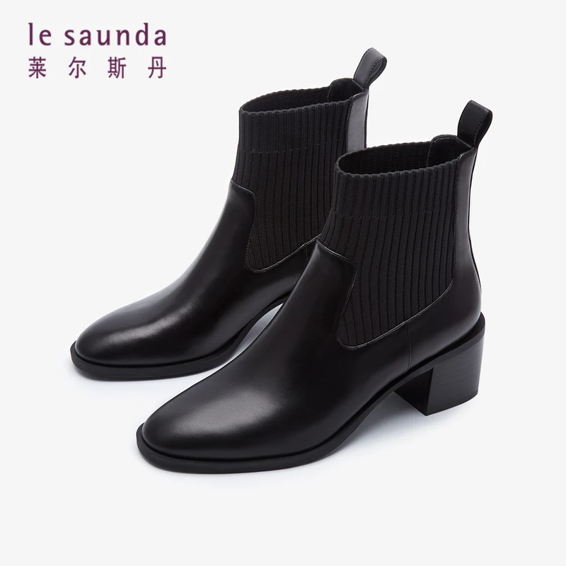 莱尔斯丹秋季新款优雅圆头粗跟高跟女鞋女靴3T58807