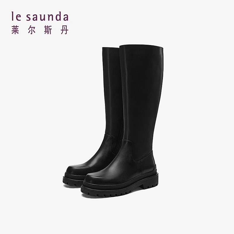 莱尔斯丹2025新款时尚英伦圆头拉链低跟骑士靴长靴女鞋5T41101