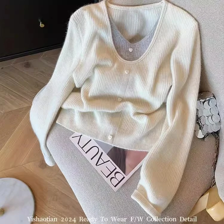 韩系拼色假两件套头针织衫女秋冬季设计感减龄软糯外穿打底毛衣潮