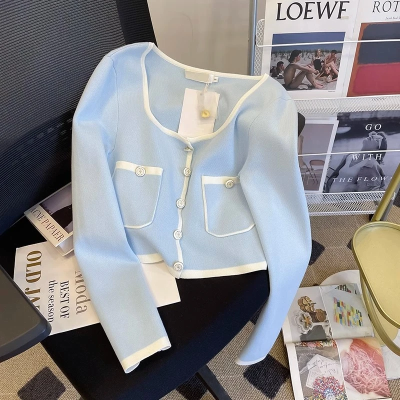 小香风气质修身短款针织开衫女秋冬季高级感温柔甜美撞色长袖上衣