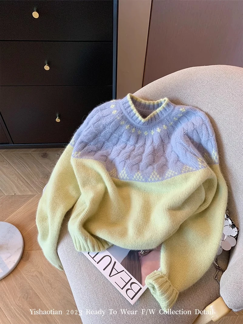 慵懒风撞色拼接软糯套头毛衣女秋冬季新款宽松减龄内搭针织衫上衣