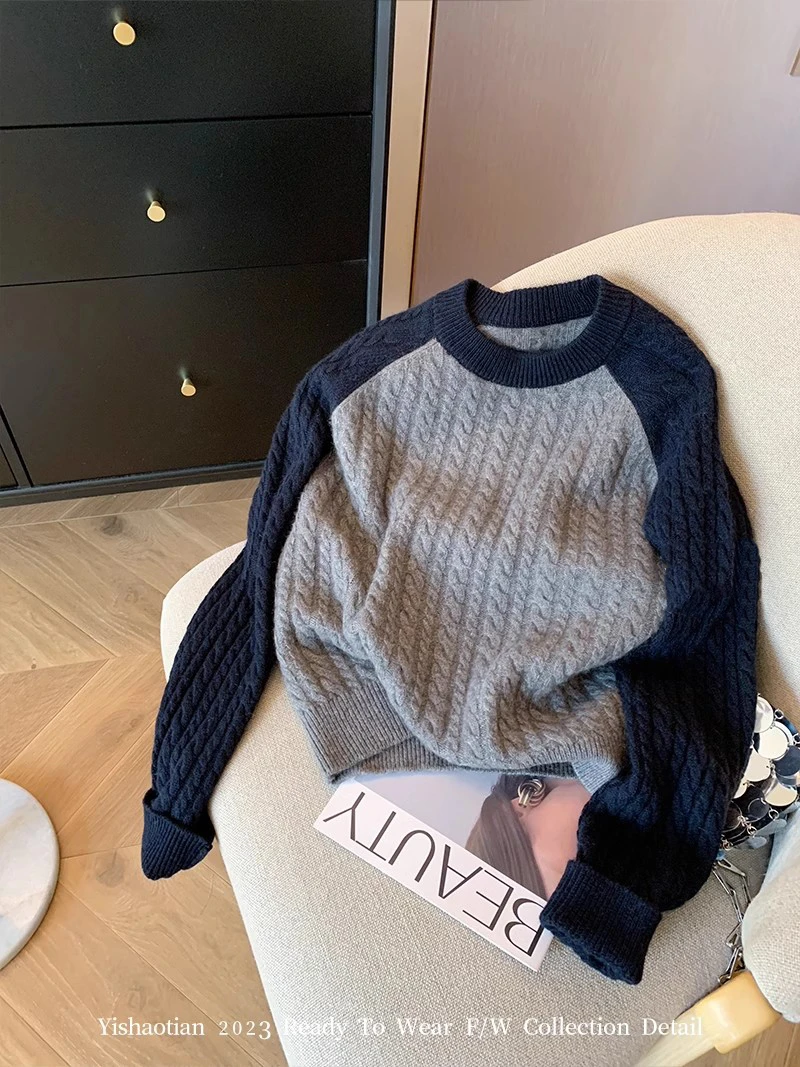 设计感圆领麻花插肩袖毛衣女秋冬季慵懒休闲软糯减龄套头针织衫潮